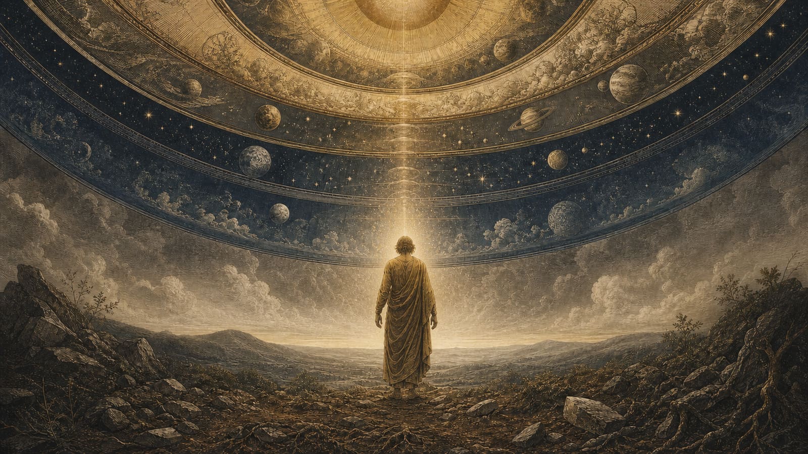 A robed figure standing on rocky earth beneath descending planetary spheres in an engraved celestial landscape