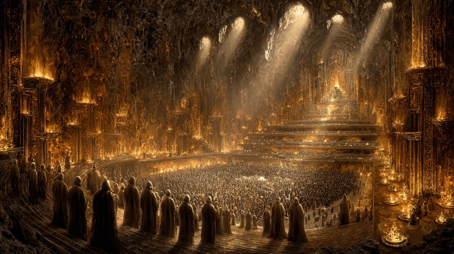 Elect choir among a multitude in a vast golden cavern, a Hermetic noetic assembly scene