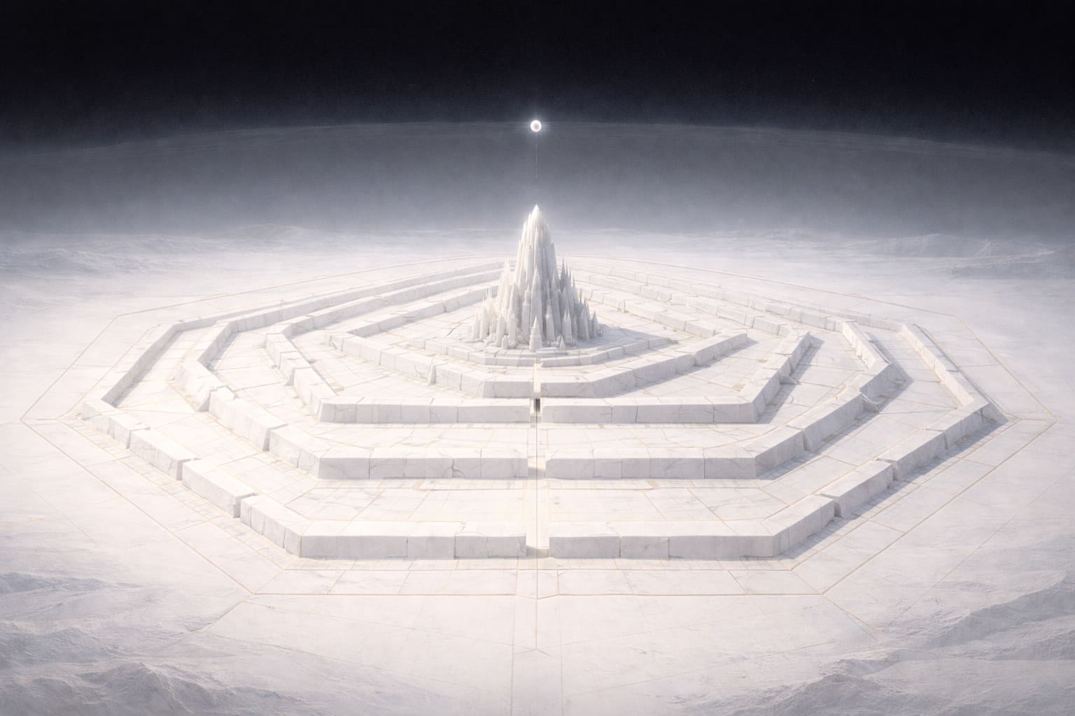 Tiered polygonal citadel in a white noetic expanse beneath a dark upper sky, marking approach to an inner threshold
