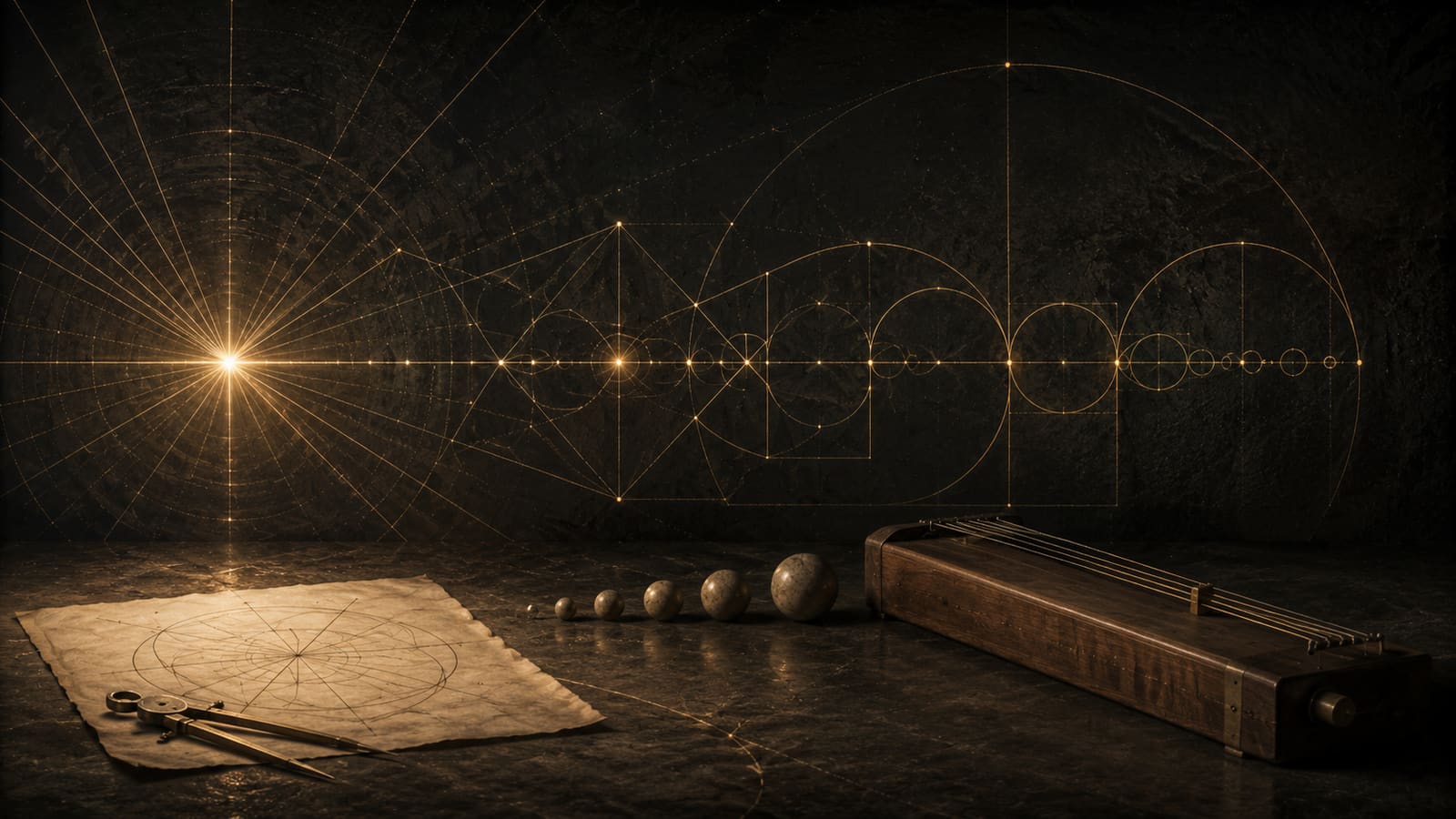[a luminous point unfolds into golden geometric lines, circles, and proportions above a parchment diagram, compass, counting stones, and monochord in a dark esoteric study]