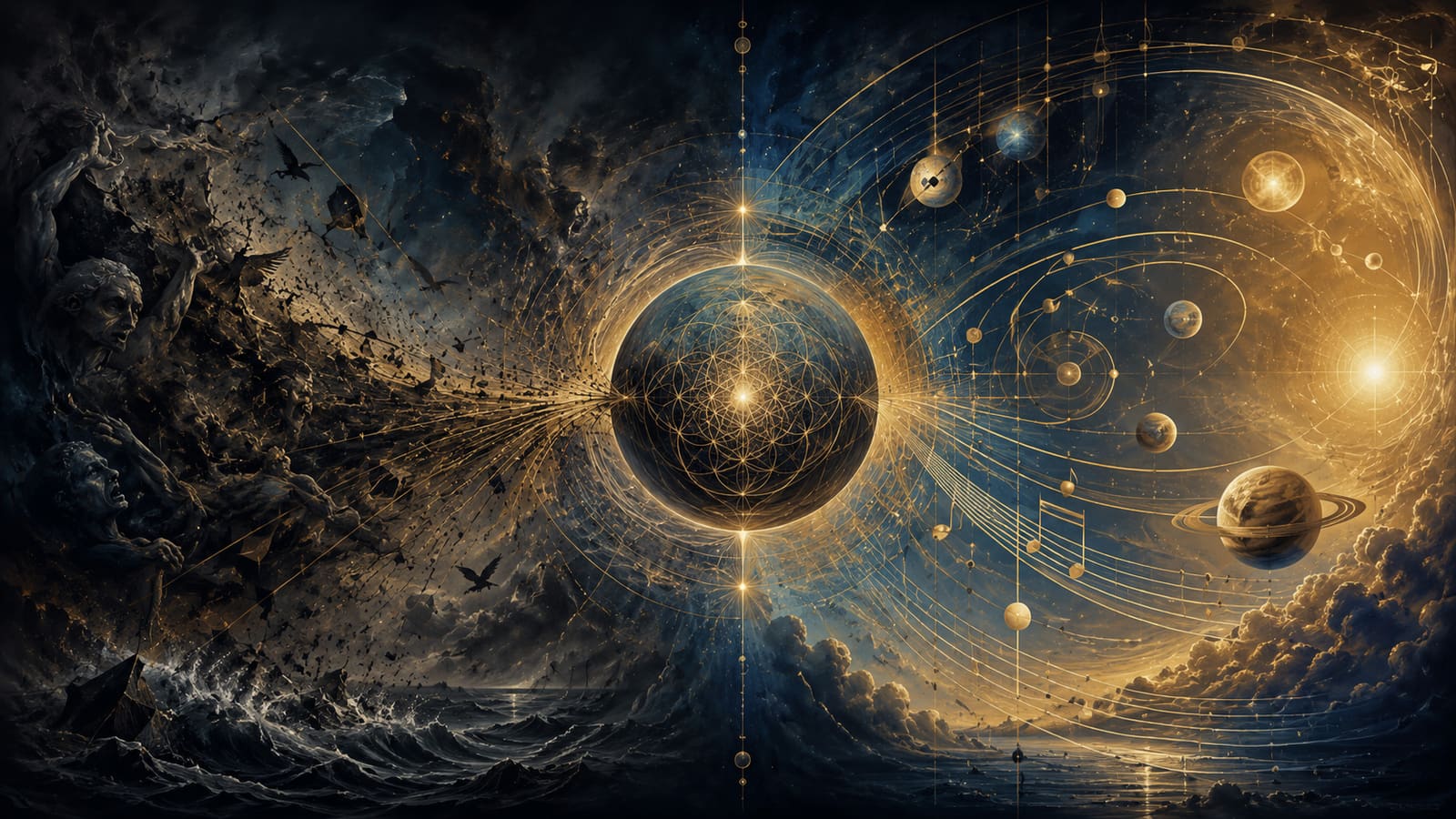 A dark chaotic sea and figures on the left resolve into golden musical and planetary harmonies around a central sphere of sacred geometry