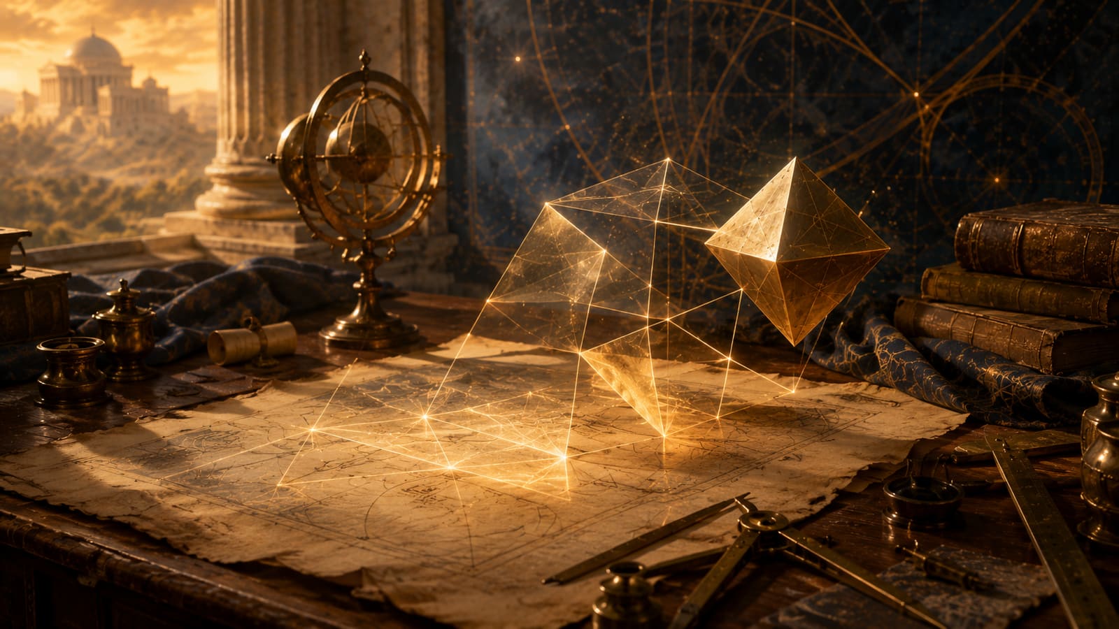 Luminous geometric lines rising from a plane into three-dimensional solids in a classical study