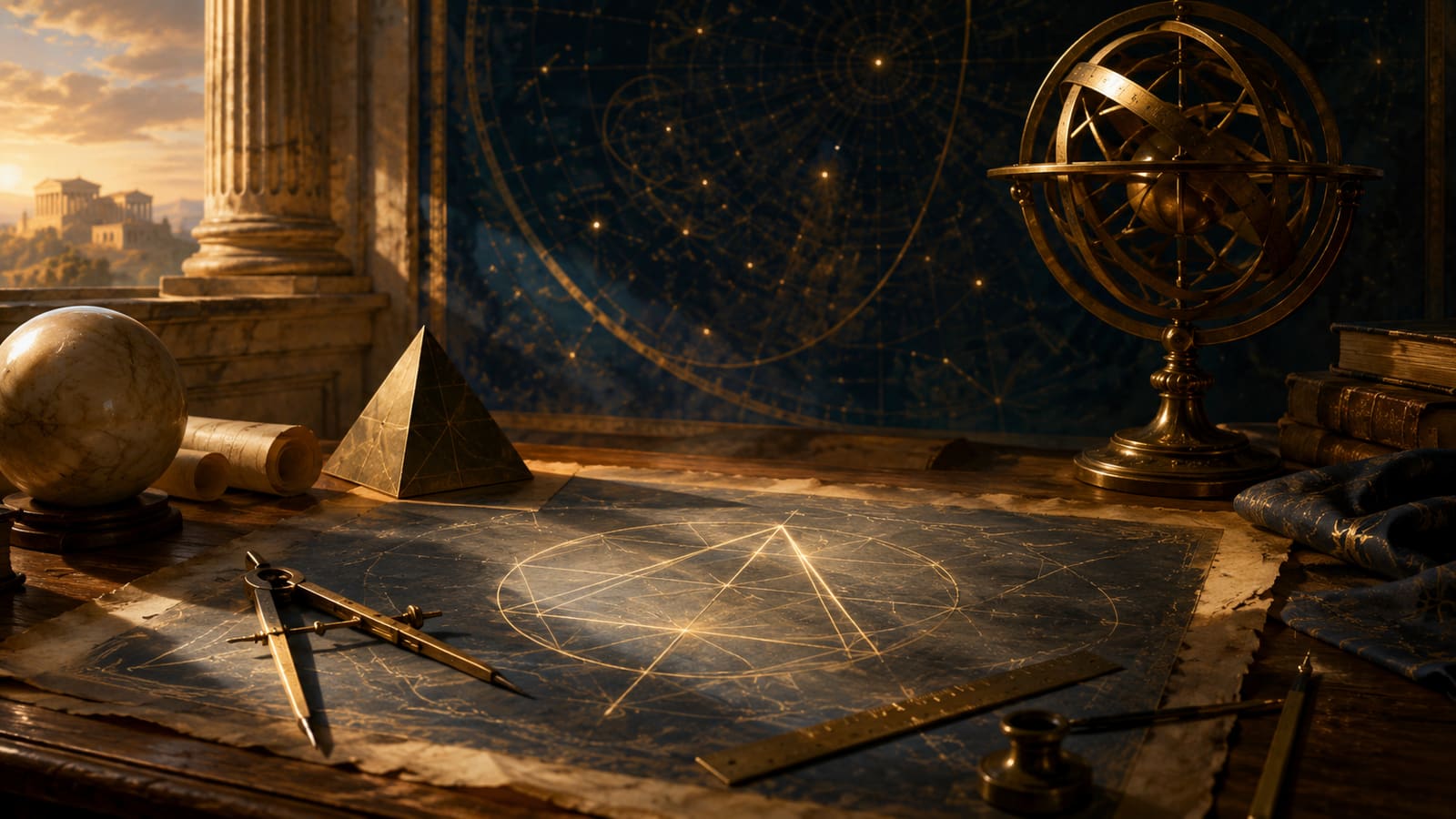A luminous triangular construction on a classical drafting table beside a tetrahedron, sphere, compass, and armillary sphere