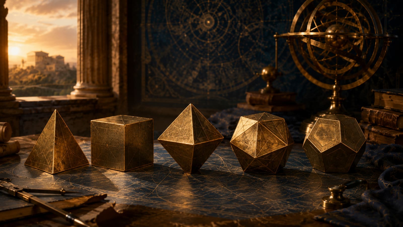 Five bronze Platonic solids arranged on a geometric table in a classical observatory