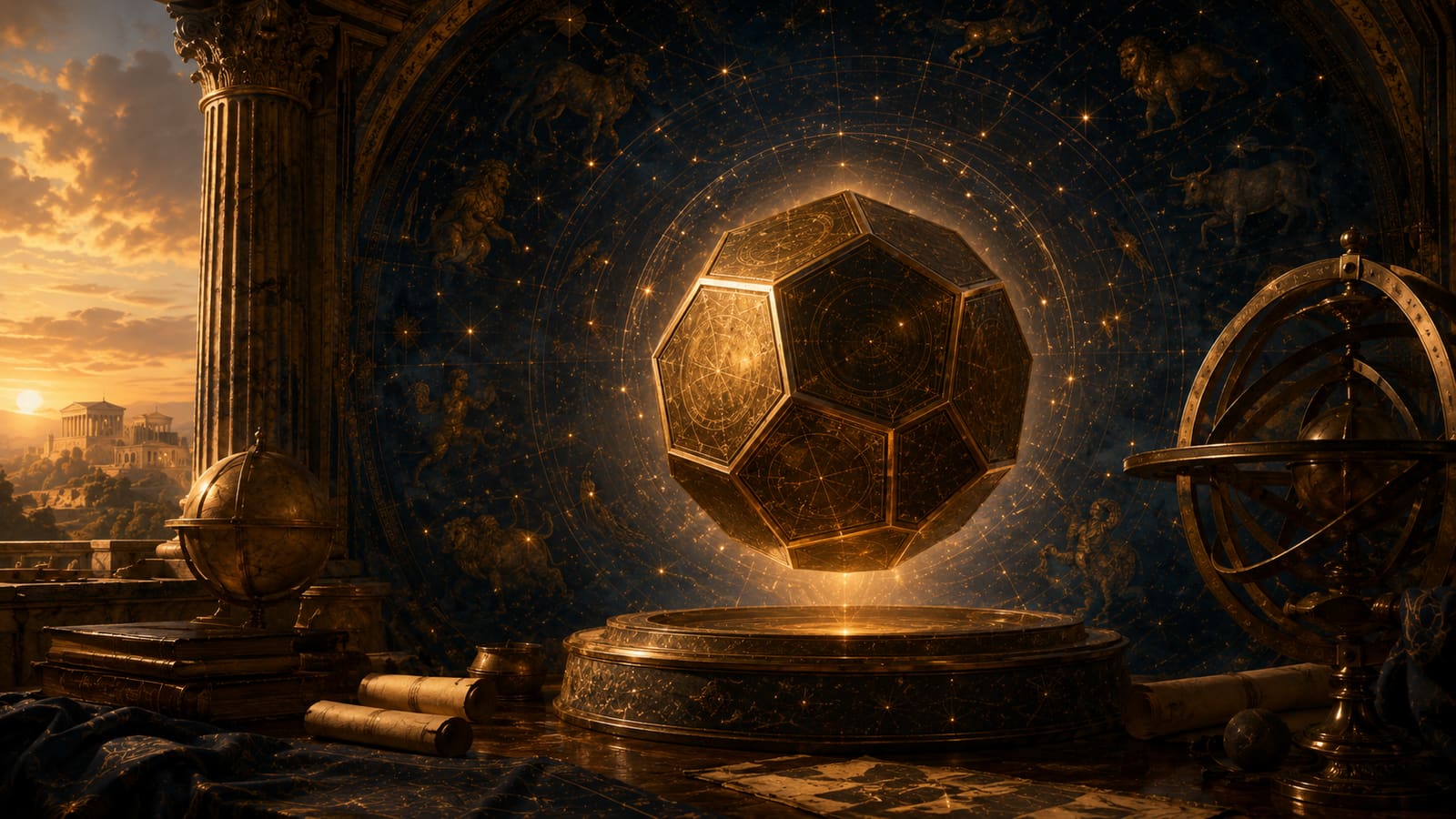 A golden dodecahedron suspended before a celestial zodiac in a classical observatory