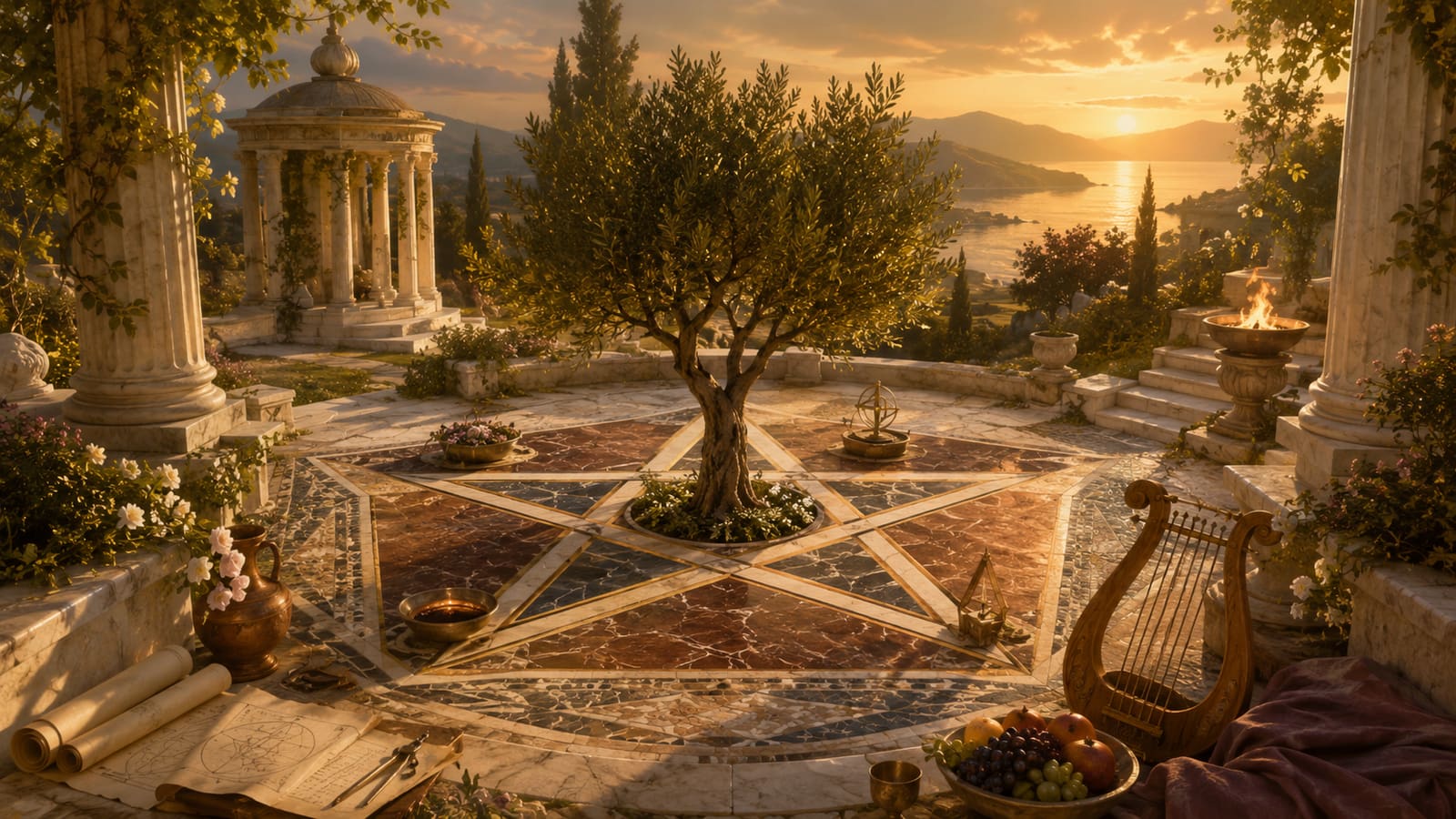 An olive tree grows at the center of a pentagram mosaic in a classical temple garden at sunset, with columns, fruit, fire, and a lyre nearby