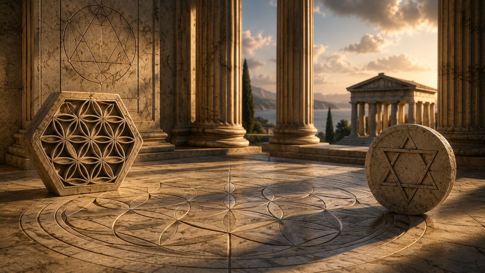 A classical marble terrace with a carved flower-of-life hexagon, a wall diagram of sixfold geometry, and a round hexagram disk at sunset