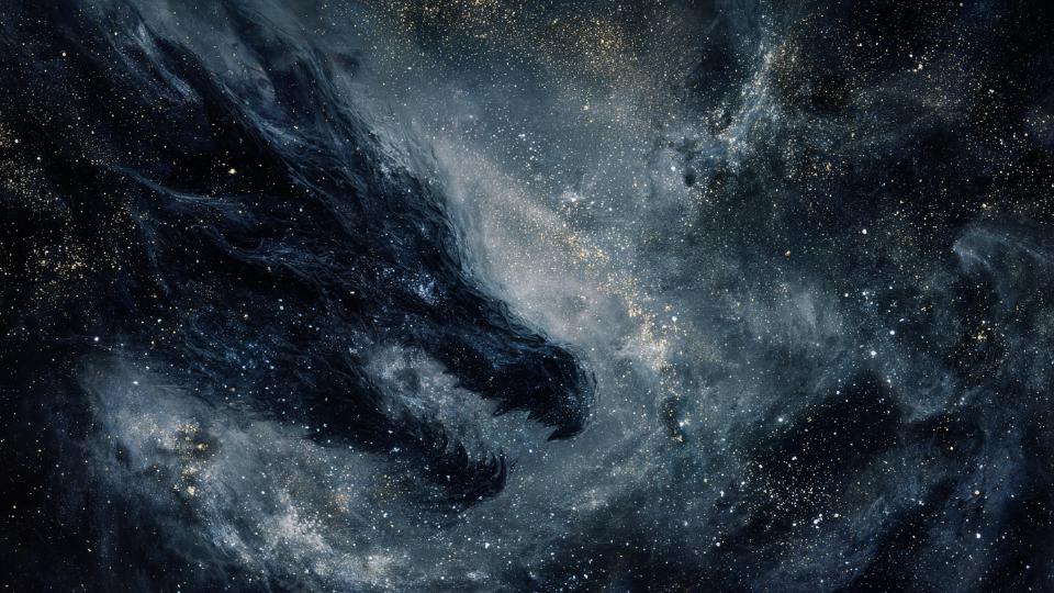 [swirling galaxies and starfields forming the subtle shape of a celestial dragon]