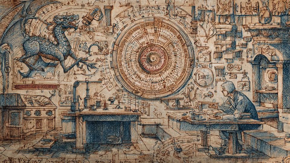 [man in a medieval astrological laboratory with complex workings and a dragon next to a zodiacal wheel]