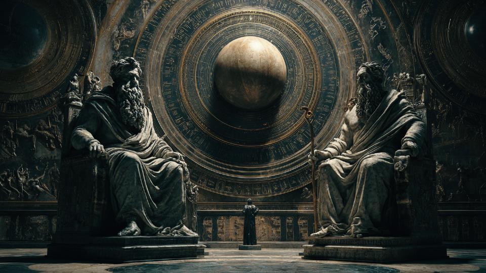 [man in a medieval astrological laboratory with complex workings and a dragon next to a zodiacal wheel]