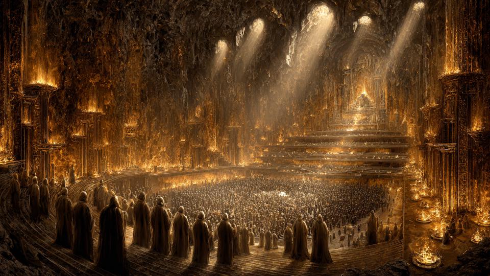 Elect choir among a multitude in a vast golden cavern, a Hermetic noetic assembly scene