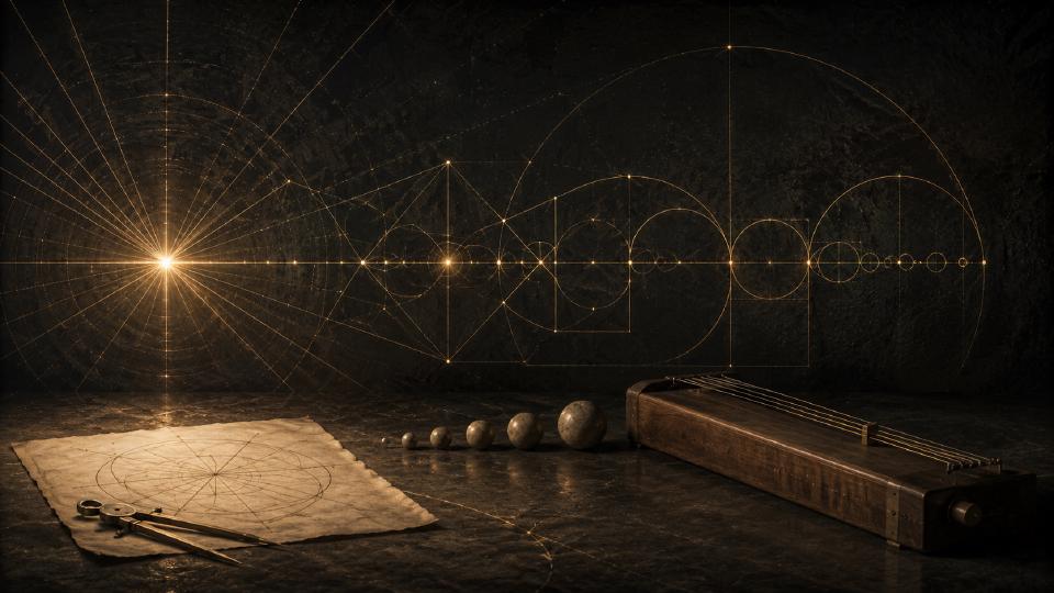 [a luminous point unfolds into golden geometric lines, circles, and proportions above a parchment diagram, compass, counting stones, and monochord in a dark esoteric study]
