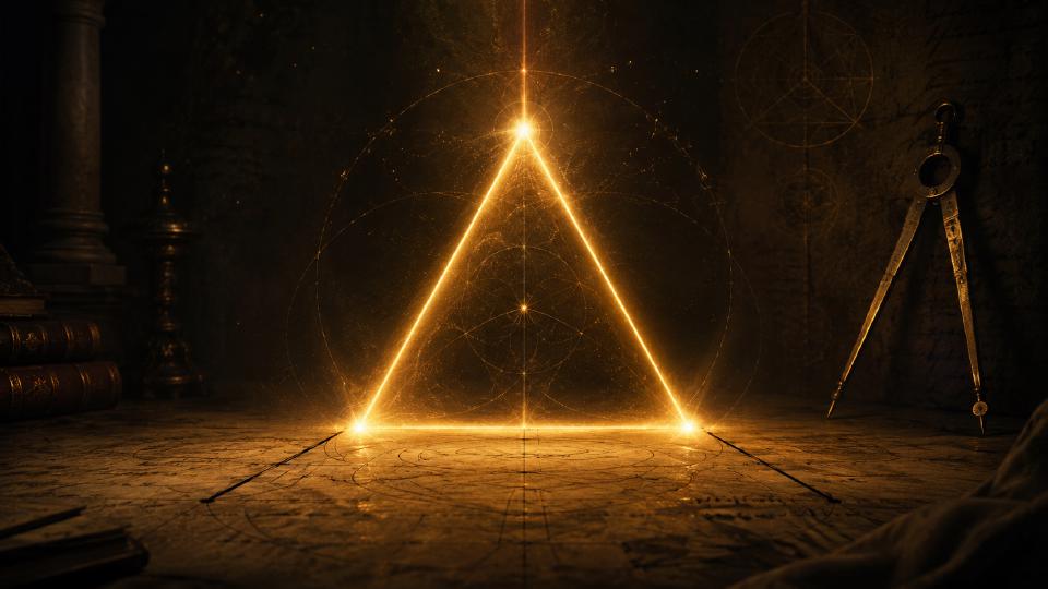 [a bright golden triangle glows on a parchment geometry diagram in a dark ancient study, surrounded by construction circles, books, handwritten notes, and a metal compass]