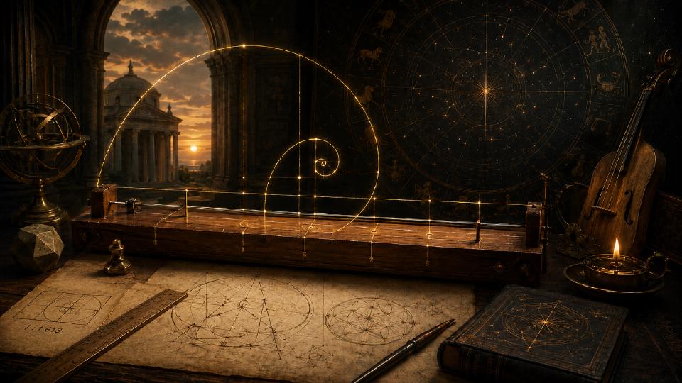 A golden proportional spiral rises from a monochord in an esoteric study with geometry diagrams, an astrological chart, and musical instruments