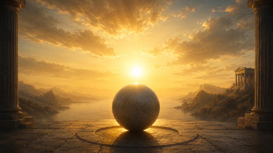 [a luminous stone sphere rests at the center of an ancient coastal temple terrace at sunrise, framed by classical columns and distant mountains, with golden light spreading across the sea and sky]