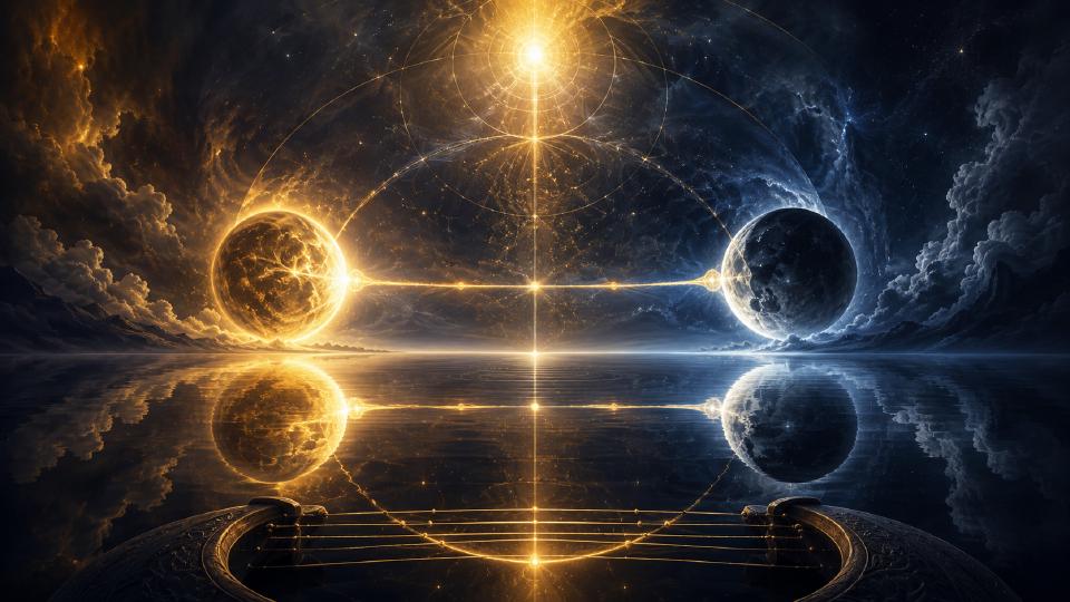 [two luminous spheres, one gold and one blue, face one another across a reflective sea, joined by a golden line beneath a radiant central axis and circular geometric arcs]