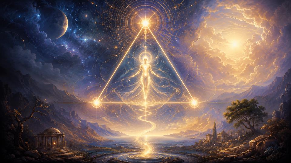 [a luminous human figure floats inside a golden triangle between a dark starry moonlit sky and a bright sunlit cloudscape, with celestial geometry, mountains, temples, and a winding river of light below]