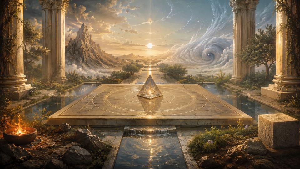 A luminous pyramid stands on a square temple platform aligned with four elements, columns, mountains, water, and a central vertical axis
